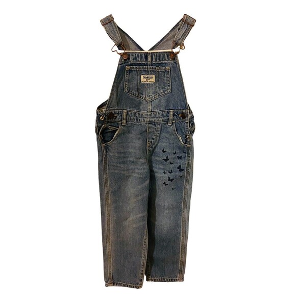 Oshkosh B'Gosh Overalls Denim Jeans Girls Size 4T Blue Butterfly Flower Outdoors - Picture 1 of 4